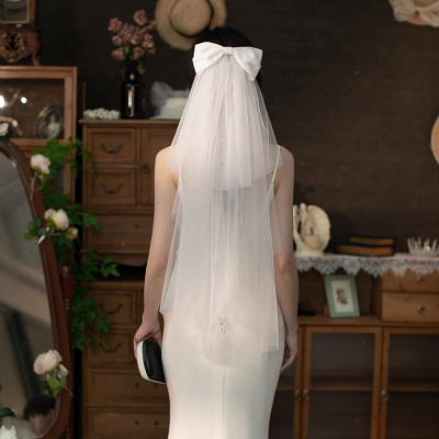 长款双层大蝴蝶结婚礼新娘头纱