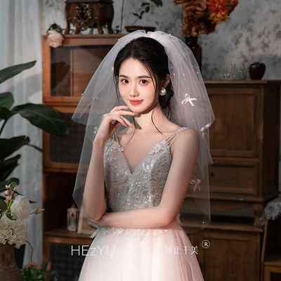 新娘婚纱摄影多层蝴蝶结道具头纱