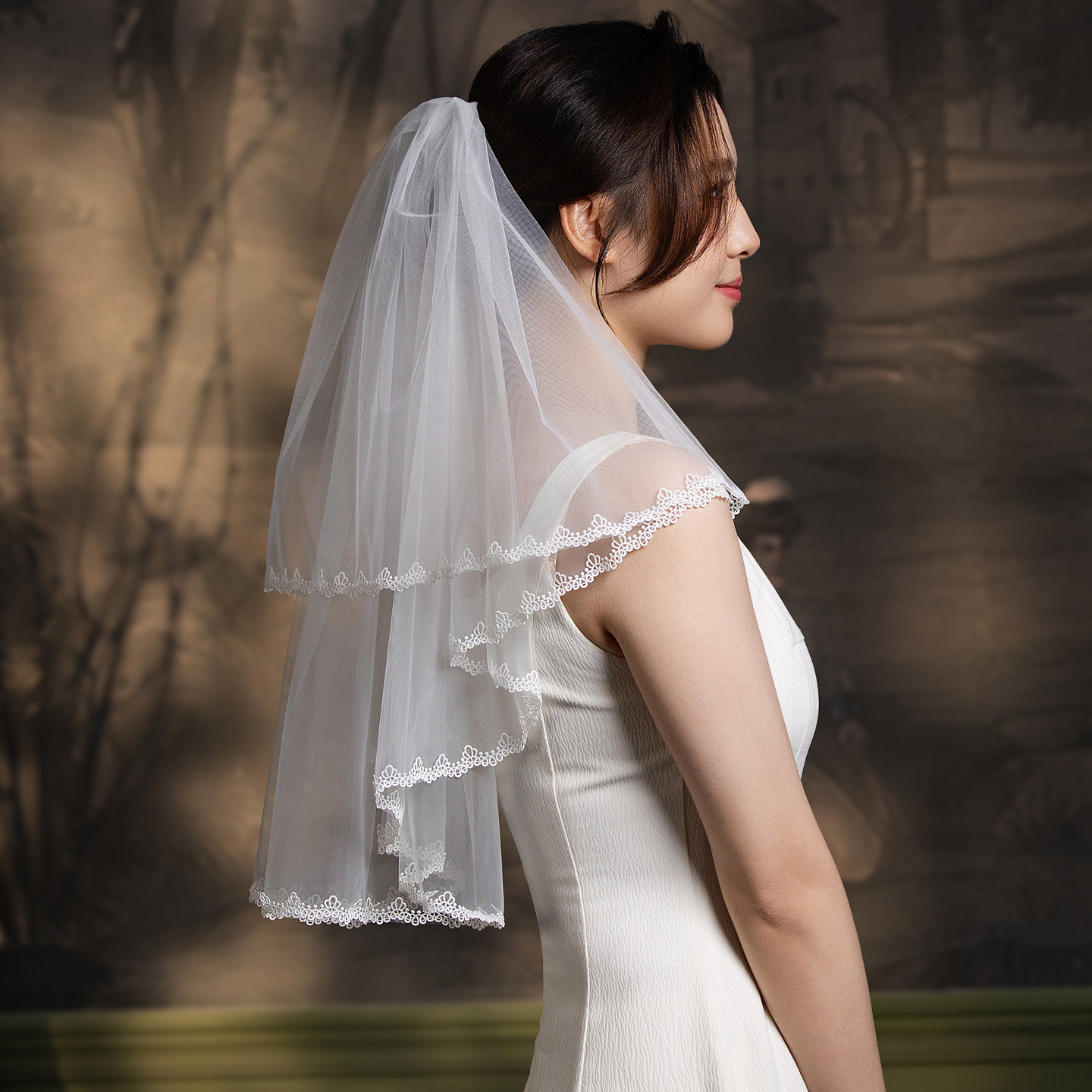 简月 蕾丝短款领证求结婚主婚纱高级感森系俏皮简约新娘韩系头纱
