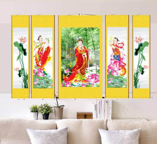 农村堂屋中堂画送子观音挂画五联壁画佛龛神像画供奉庇佑装饰包邮
