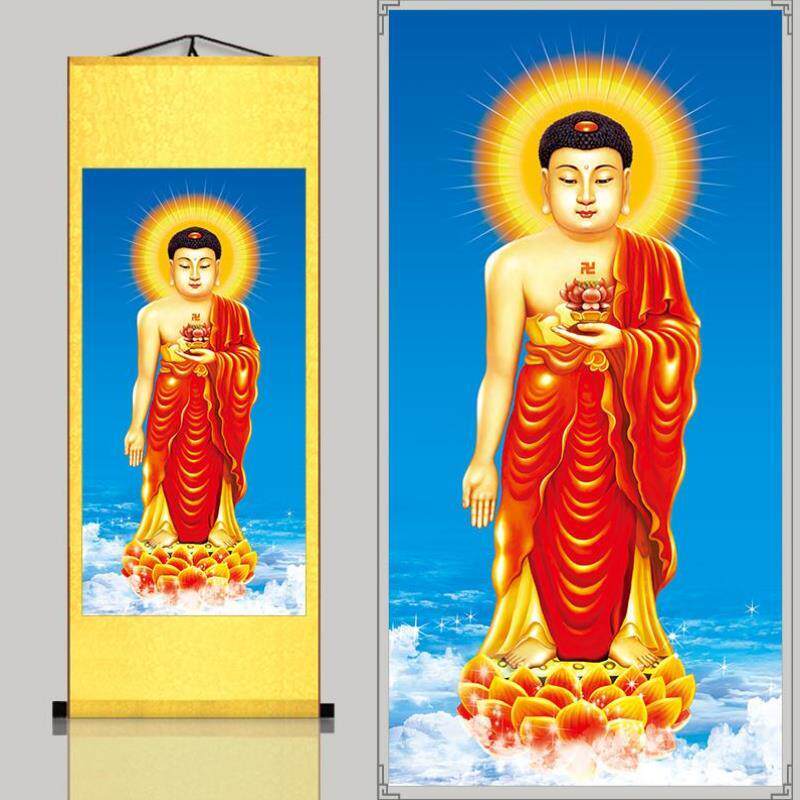 高清阿弥陀佛像佛像挂画西方三圣卷轴像绢丝绸佛画