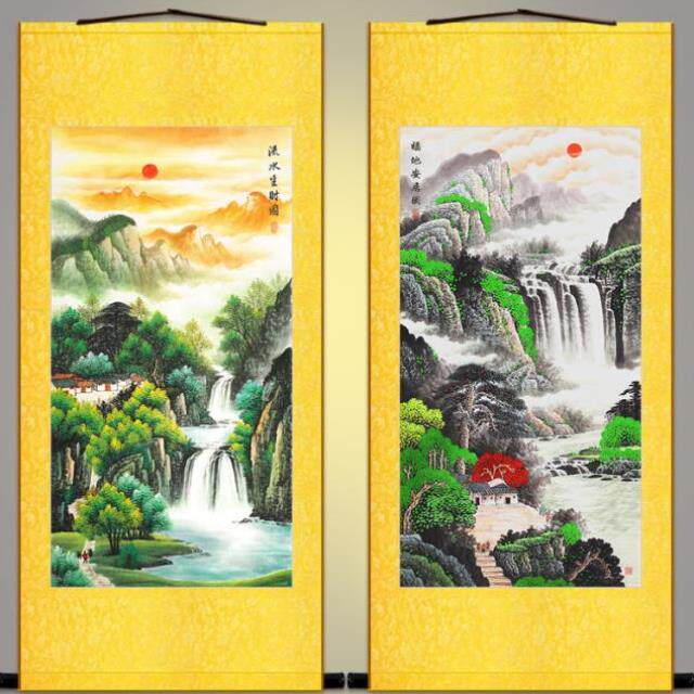 福地安居图 流水生财图风水画 书房玄关山水装饰画 绢布卷轴挂画