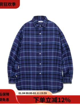 nanamica 25FW Flannel Shirt藏青色重磅法兰绒宽松格纹长袖衬衫
