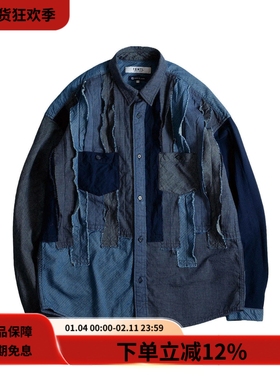 FDMTL 25FW OBI STRIPE SHIRT复古靛蓝色条纹拼布宽松长袖衬衫