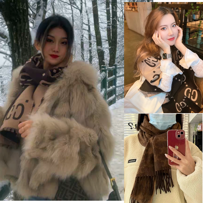 欧美高奢咖色双c凯旋门羊毛围巾软糯两用披肩情侣送礼包邮爆款女