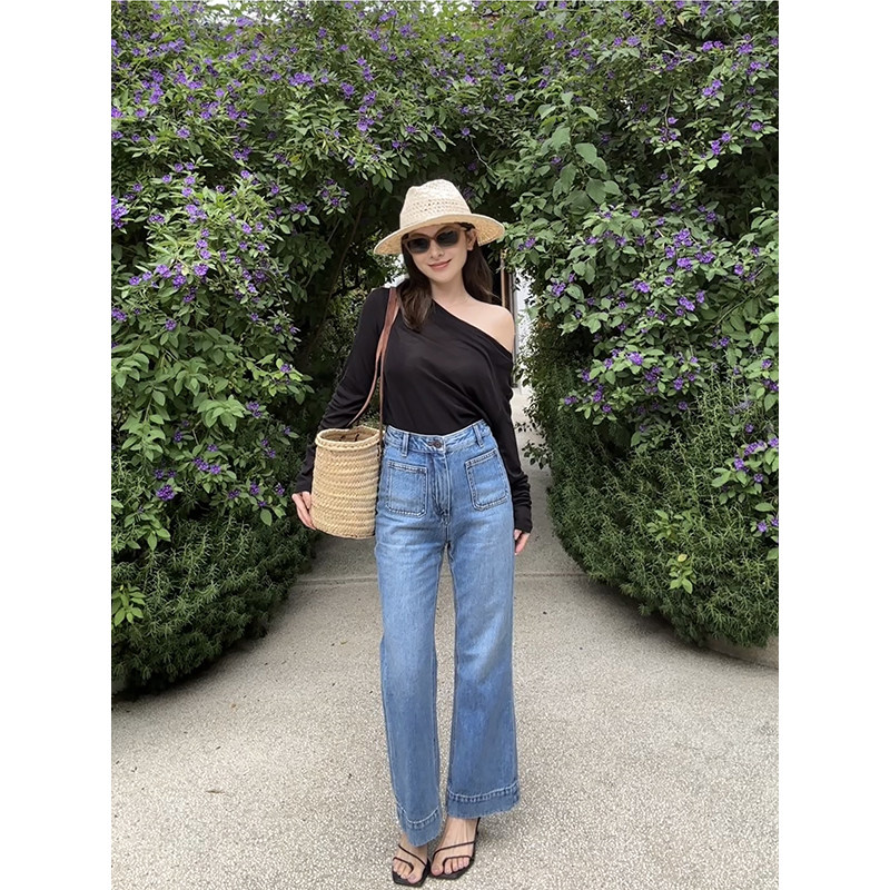 Rouqiu肉球小个子四季可穿经典法式复古高腰显瘦九分牛仔微喇长裤