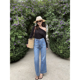 Rouqiu肉球小个子四季可穿经典法式复古高腰显瘦九分牛仔微喇长裤