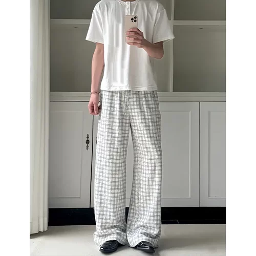 Xanvas 格纹A字抽绳休闲裤男女夏季cleanfit慵懒风宽松格子阔腿裤