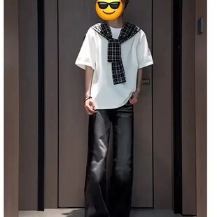 【阿屿170】夏季穿搭美式休闲情侣百搭上衣潮牌格子披肩宽松短袖T