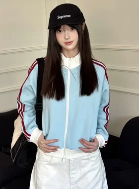 TOM潮华夫格拼色立领拉链开衫运动休闲情侣上衣男女同穿外套短款
