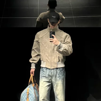 PP7-【龙骨】PU皮扎染暗纹皮衣外套双头拉链男女同款