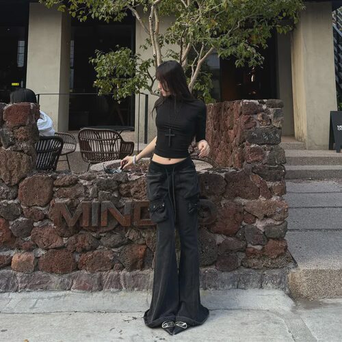 HottieDiary 美式复古辣妹水洗多口袋卫裤微喇显瘦Snowash卫裤女
