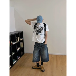 19studio WAYNEPRINCE 美式复古猫须牛仔七分裤夏季透气直筒短裤