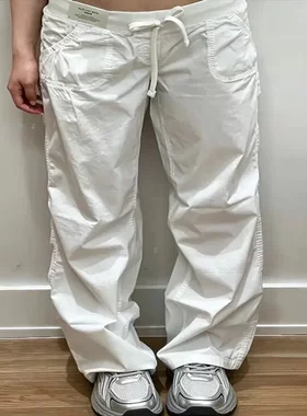 Hollister小海鸥美式低腰抽绳系带直筒工装裤阔腿休闲牛仔长裤女