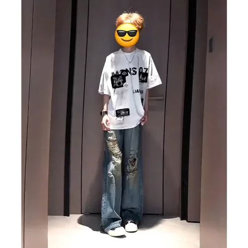 Areast 美式复古破洞牛仔裤男夏cleanfit薄款痞帅裤高街直筒长裤