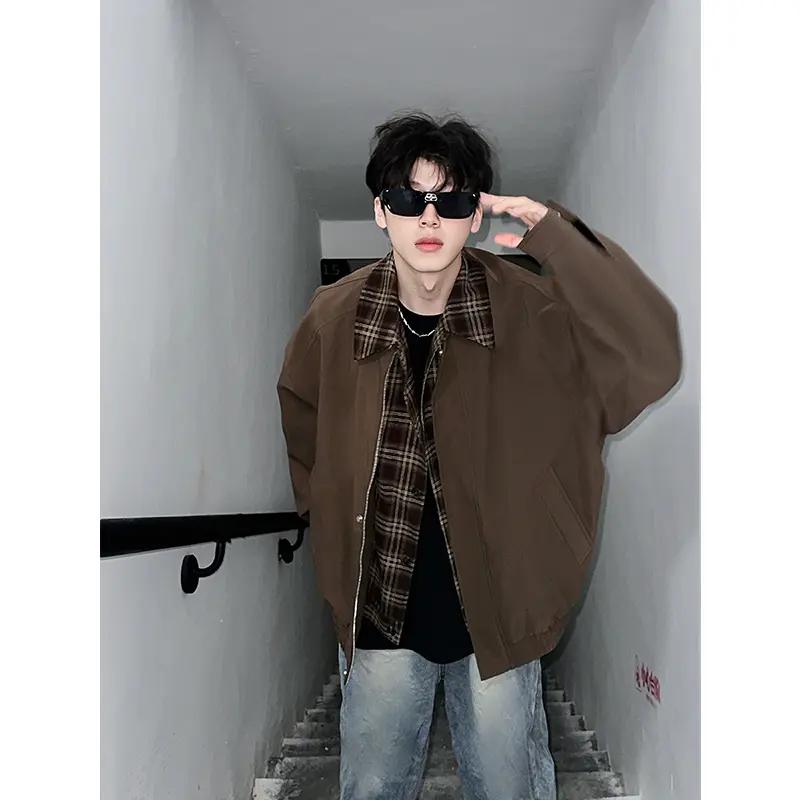 古着vintage棕色格子假两件夹克男2025秋冬美拉德穿搭棒球服外套