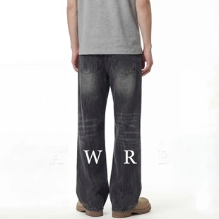 AWRB美式复古水洗潮牌牛仔裤男宽松直筒cleanfit简约闪电纹长裤