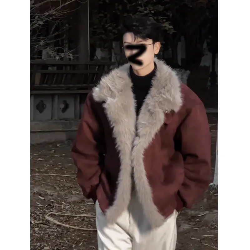 皮毛一体座山雕外套男款秋冬加厚保暖仿麂皮绒棉衣短款大毛领棉服