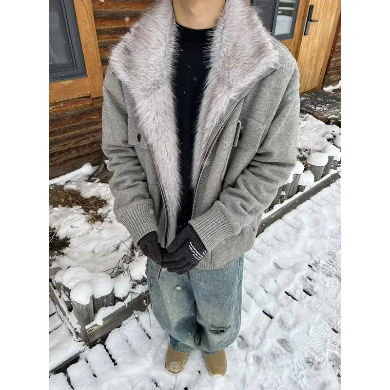 【EME 冬季毛衣座山雕毛领复古设计加绒加厚重磅宽松夹克外套保暖