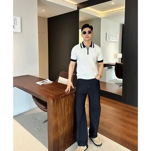 「拼色半拉链」夏季透气显瘦男士撞色高端肤感针织POLO衫短袖男女