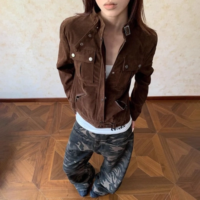 Apocket美式辣妹立领机车夹克短款外套女新款百搭显瘦休闲上衣秋