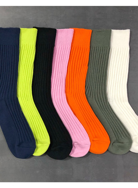 潮牌MANS秋冬纯色双针粗线袜余文乐同款荧光绿纯棉袜子男女运动袜