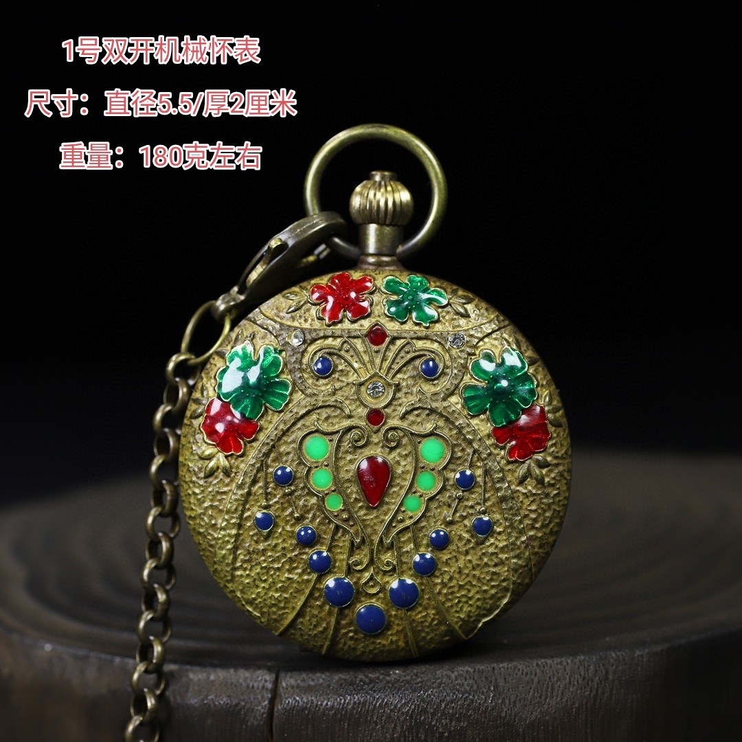古玩杂项老东西旧货怀旧收藏纯铜回流西洋珐琅彩双开机械复古怀表