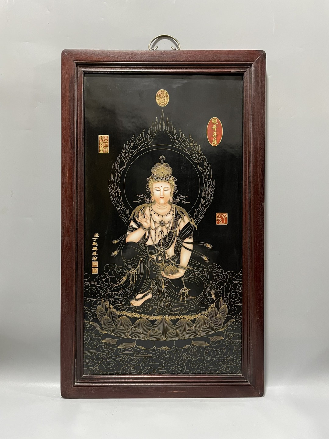 古玩丁观鹏作品红木镶瓷板画珐琅掐丝人物挂屏 收藏品