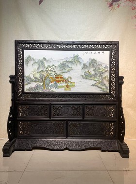 汪野亭作品红木镶瓷板画粉彩山水锦绣江南插屏 古玩旧藏