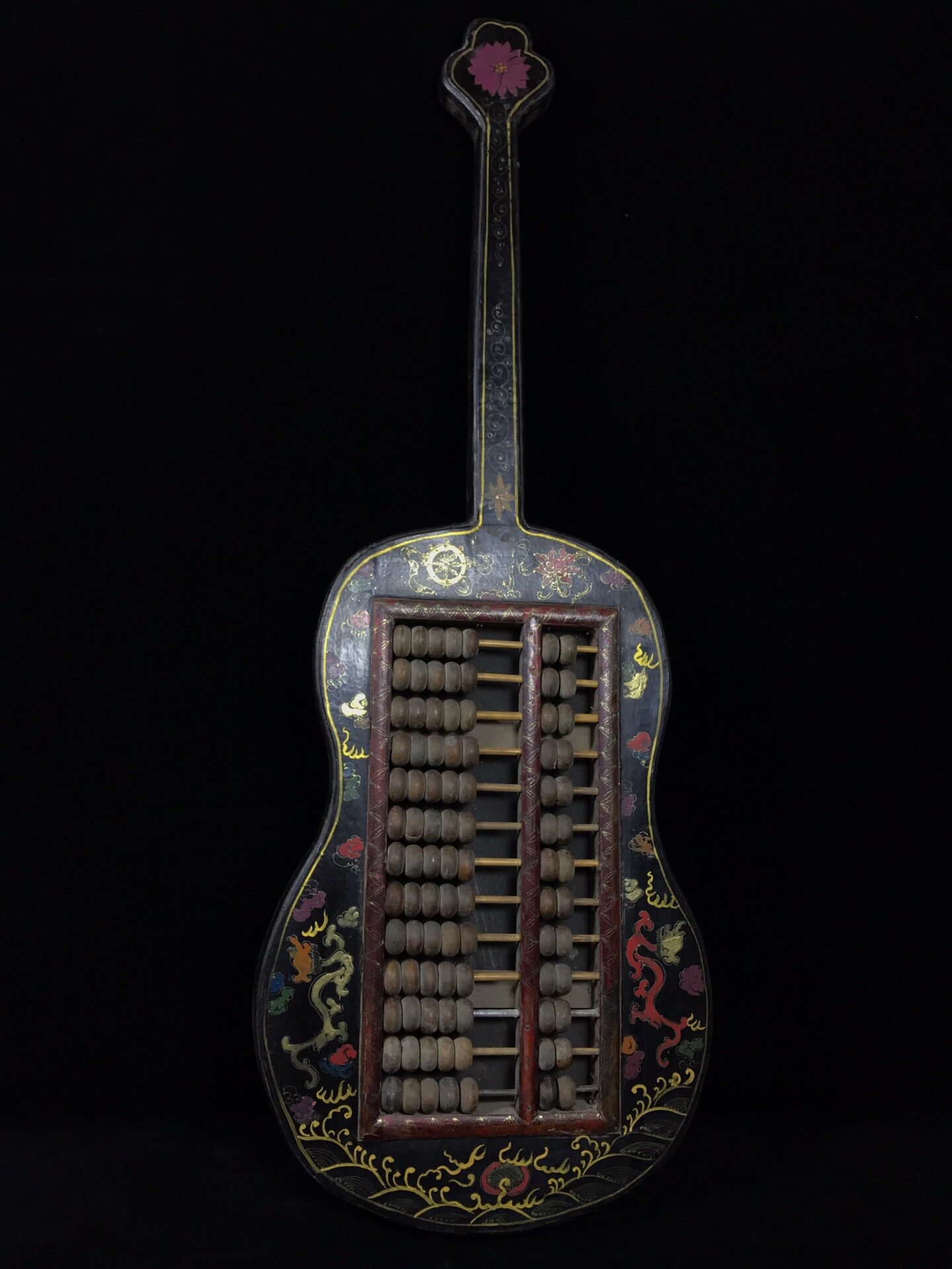 古玩古董收藏老货农村收来古木雕明代老漆器琵琶形老算盘