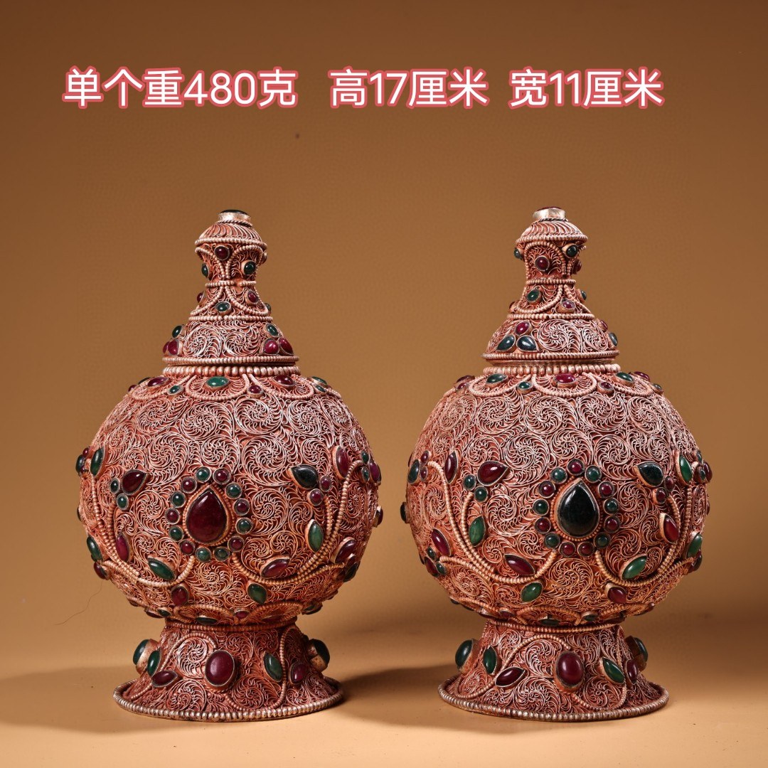 古董古玩尼泊尔旧藏收藏传工艺花丝镶嵌藏银宝石聚宝罐摆件
