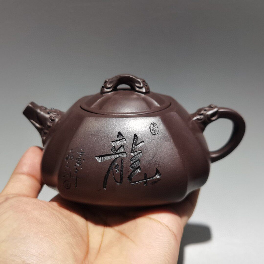 原矿紫泥吴文彩紫砂壶手工炮口龙泉六棱抽角石瓢茶壶古玩旧藏