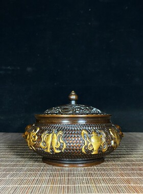 高档紫铜色仿古纯铜鎏金三足狮子香薰炉装饰摆件宣德炉家用香炉