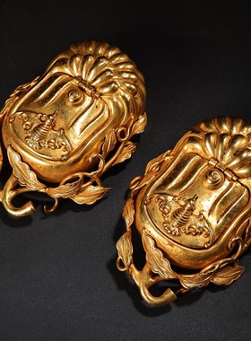 珍品旧藏收纯铜胎高浮雕鎏金文房笔洗水洗金器收藏品书房摆件