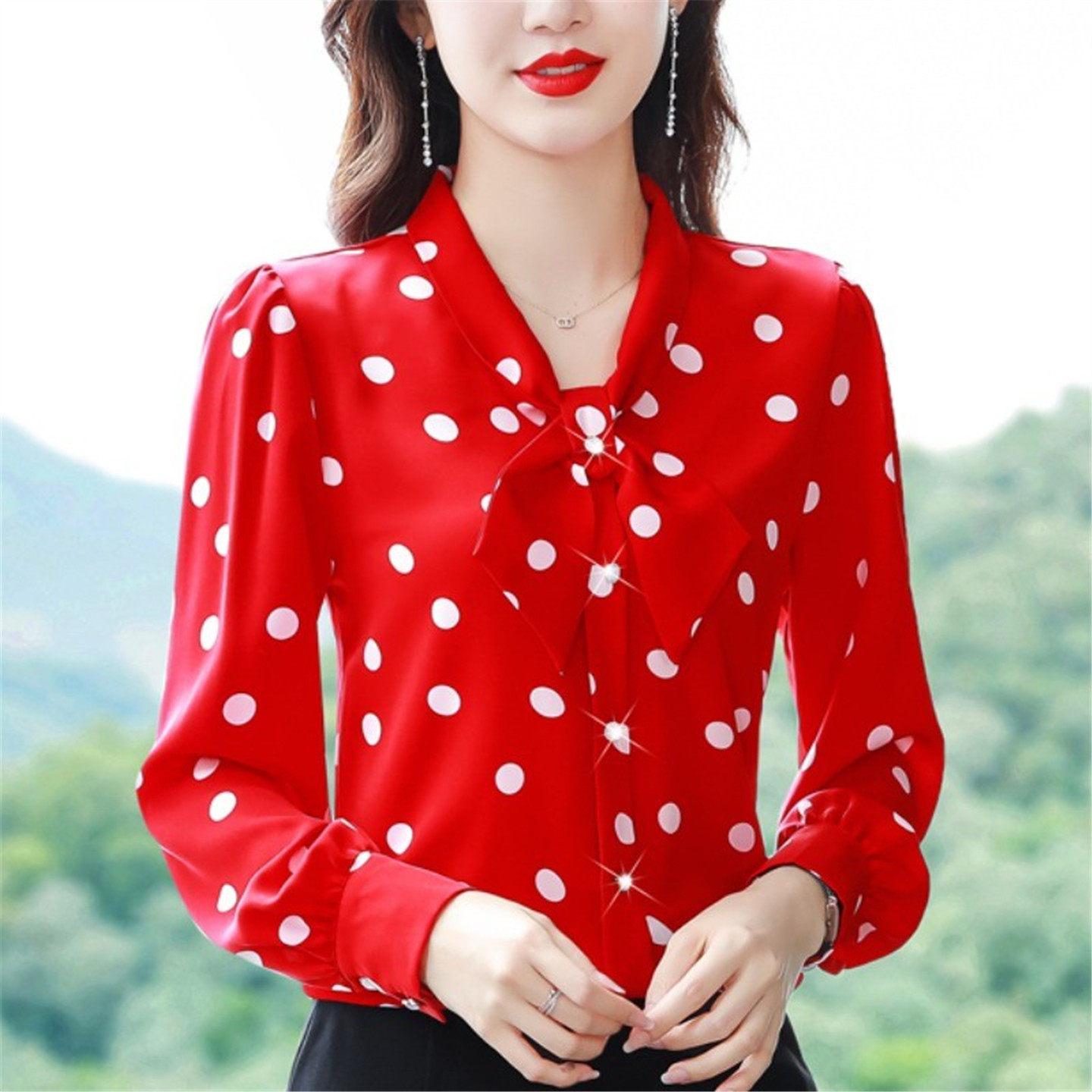 雪纺衬衫女士气质上衣春秋新款减龄洋气早秋波点小衫妈妈长袖衬衣