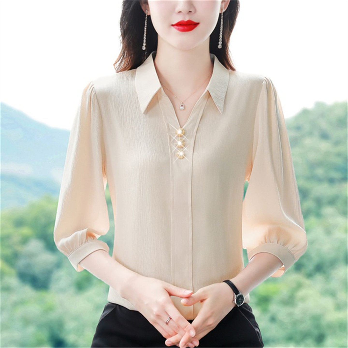 雪纺七分袖上衣女士夏季新款时尚气质中年妈早秋衬衫洋气衬衣小衫