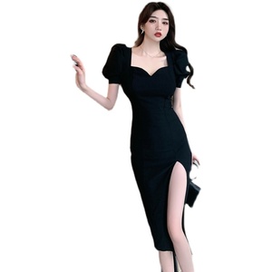 TR13060# 法式复古泡泡袖 修身超显瘦 长款小心机开叉连衣裙