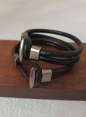 简约复古牛皮绳手链做旧金属扣