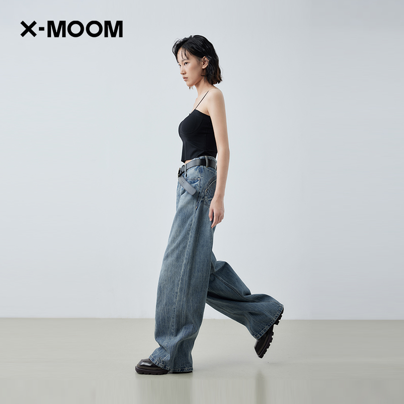 X--MOOM裂纹洗水阔腿牛仔裤