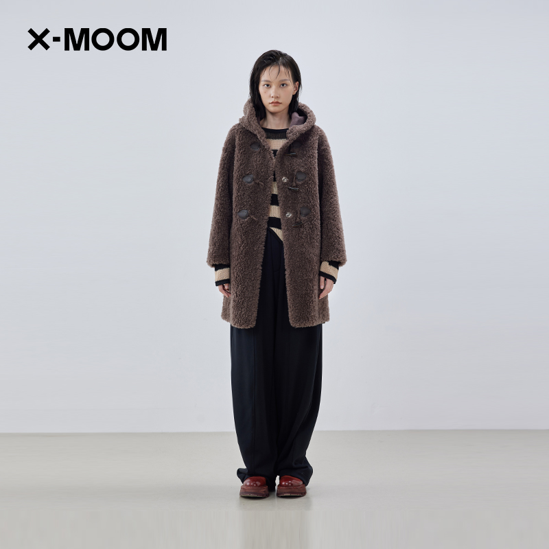 XMOOM皮毛一体连帽中长颗粒外套