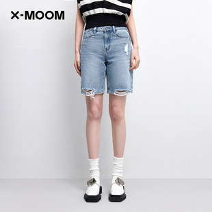 新款 女 MOOM夏季 寬松顯瘦五分褲 商場(chǎng)同款 復(fù)古破洞牛仔短褲