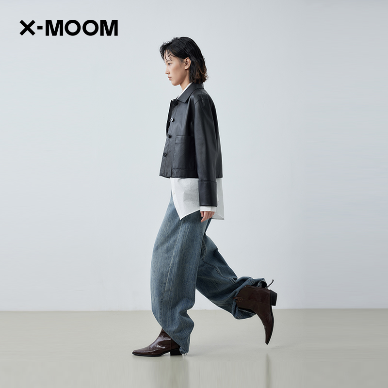 X--MOOM宽松荔枝纹大口袋皮衣