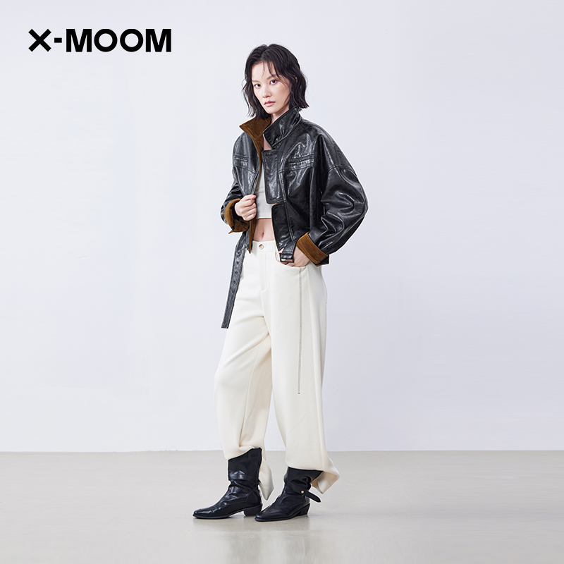 里布灯芯绒裂纹环保皮短款茄克