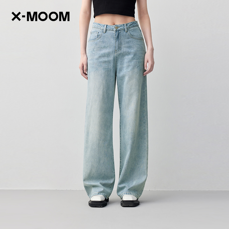X-MOOM前片磨破中直筒显瘦牛仔裤
