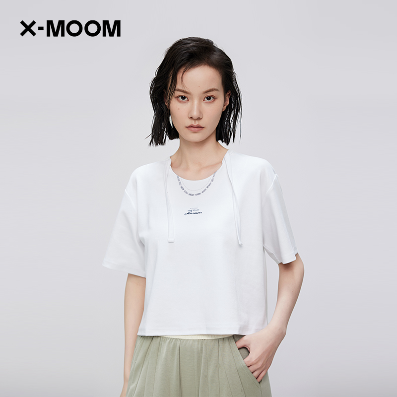 XMOOM圆领飘带项链印花短箱型T
