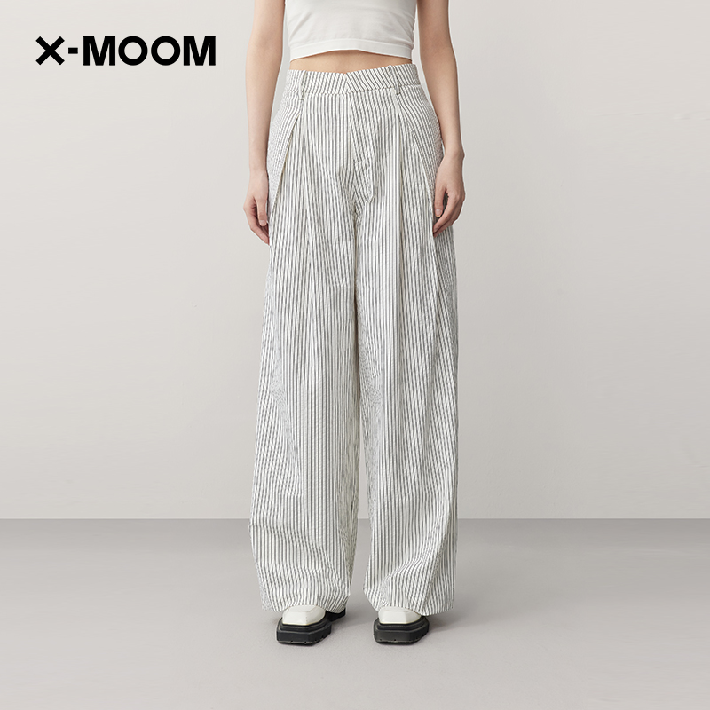 XMOOM打褶微皱条纹阔腿裤