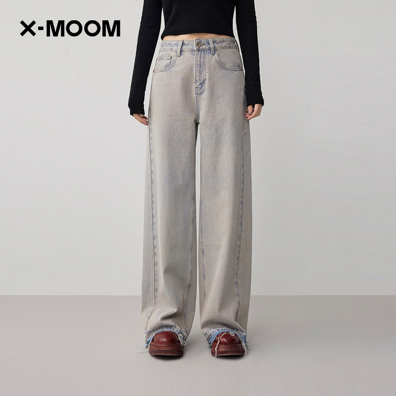 XMOOM脚口毛边直筒阔腿牛仔裤