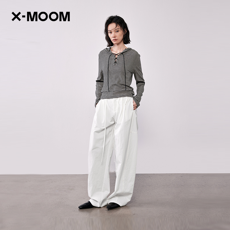 莱赛尔羊毛细条纹连帽长袖T恤