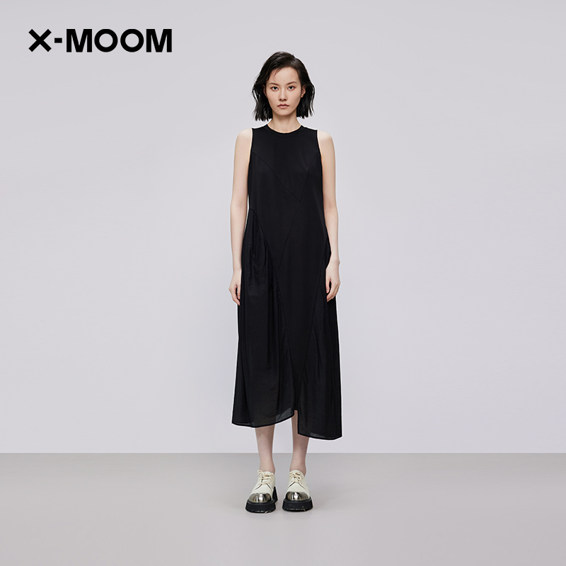 XMOOM圆领无袖针梭织拼接茧型裙