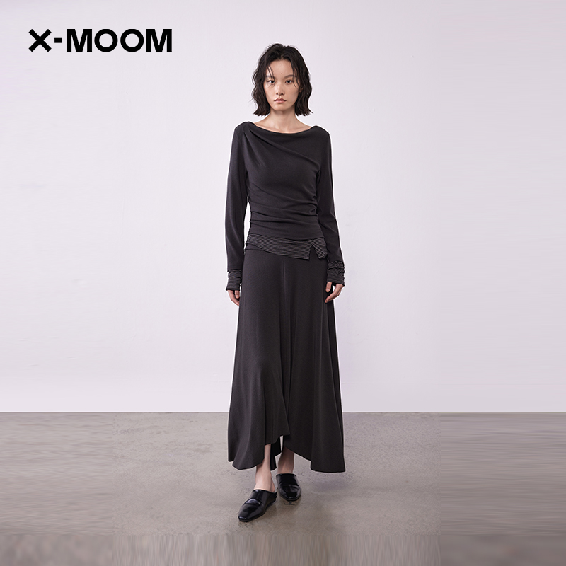 腰部褶皱不对称下摆长腰裙